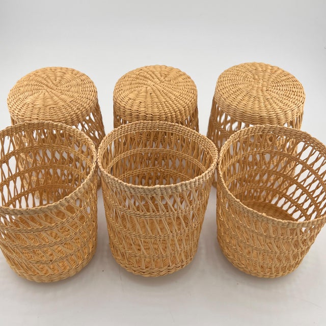 Brown Vintage Woven Rattan Wicker Glass Holders Coastal Barware - Set of 6 For Sale - Image 8 of 11