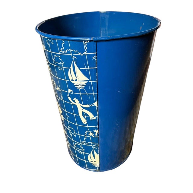 VTG National Can Co Nautical Blue Sailor Boats 9" Waste Bin Trash Can For Sale - Image 4 of 9