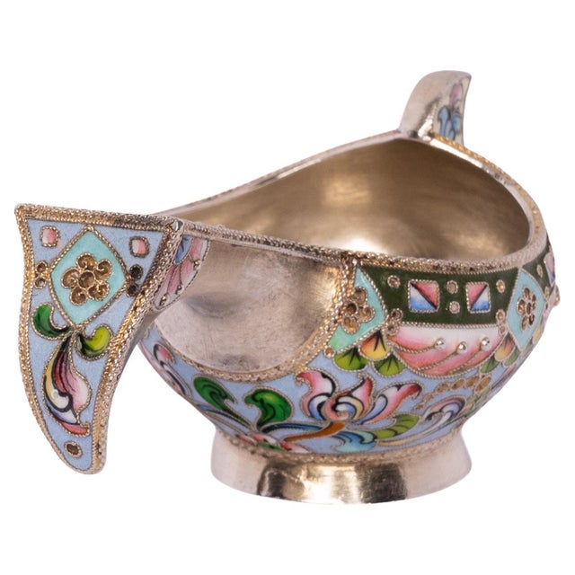 Antique Imperial Russian Solid Silver Gilt Cloisonne Enamel Kovsh Moscow 1908 For Sale - Image 4 of 11
