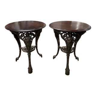 Pair of Antique Cast Iron Round Side Tables With Mahogany Tops, Circa 1880 For Sale