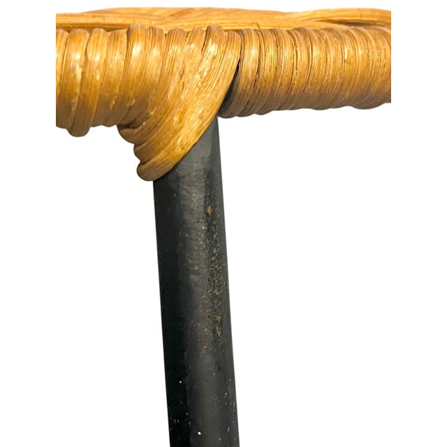 Pair Mid Century Modern Attributed to Arthur Umanoff Style Black Iron and Wicker Bar Counter Stools For Sale - Image 10 of 17