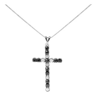 .925 Sterling Silver 2.0 Cttw Prong Set Round Natural Treated Black and White Diamond Cross Pendant Necklace - 18" (Black/H-I Color, I3 Clarity) For Sale