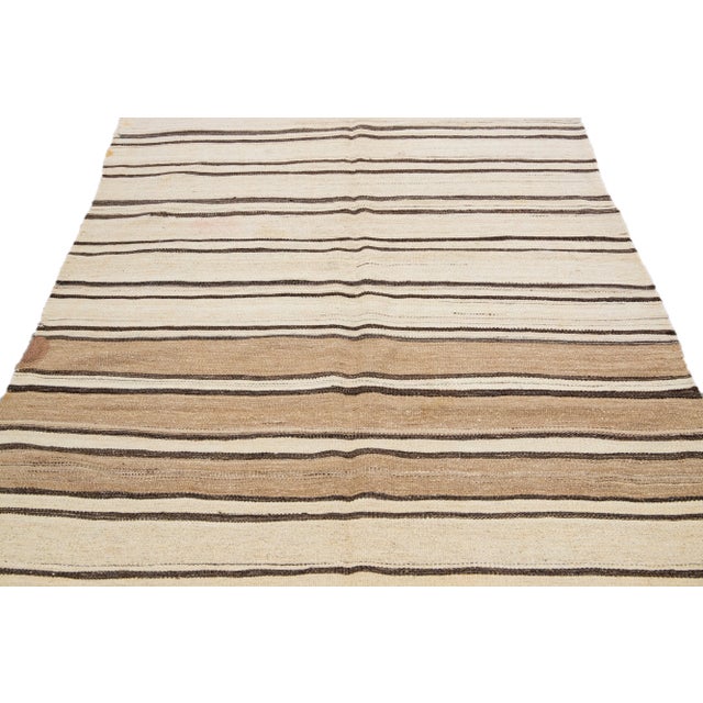 Mid-Century Modern 1960s Vintage Turkish Kilim Flatweave Beige Stripes Wool Rug For Sale - Image 3 of 10