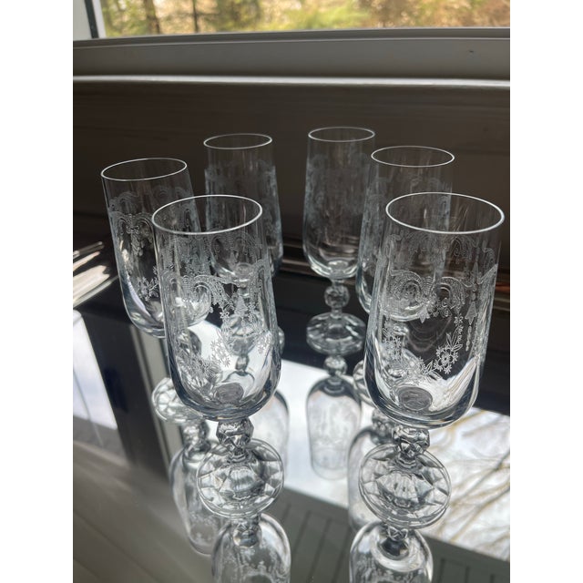 1950s Set of 6 Vintage Etched Crystal Champagne Glasses For Sale - Image 4 of 5