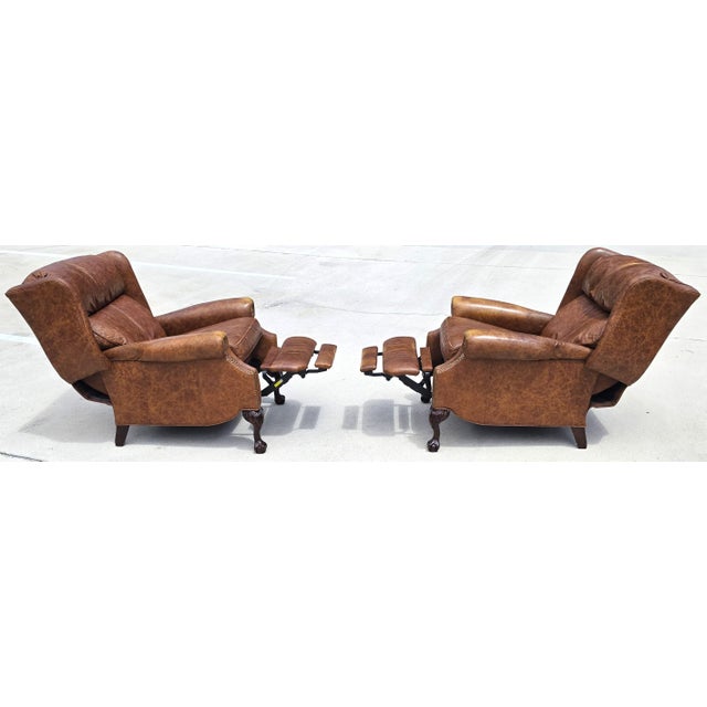 Vintage Motioncraft Chippendale Leather Wingback Recliners Ball & Claw Pair For Sale - Image 4 of 16