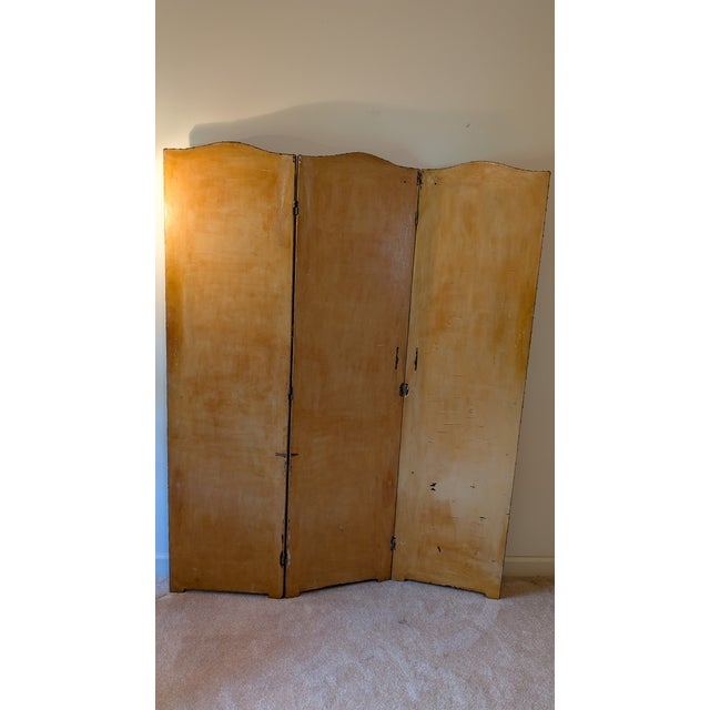 1940s Antique 3-Panel Gold Hand-Painted Decorative Room Divider/ Screen & Art Work For Sale - Image 10 of 12