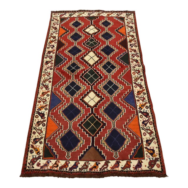 Qashqai Rug 3’8” X 6’7” Red Wool Vintage Tribal Hand-Knotted Oriental Carpet For Sale
