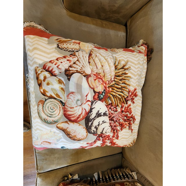 24" square plus fringe. Down Filled pillows are Sqiushy and soft. Perfect for the bed or sofa. Beautiful Seashell motif in...
