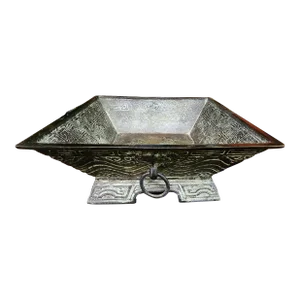 Antique 19th Century Chinese Ritual Solid Bronze Square Footed Bowl