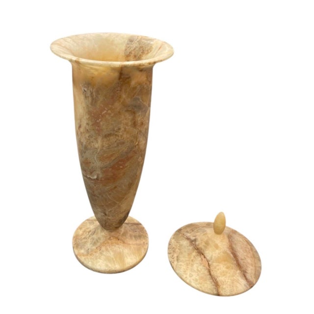 Ecru Vintage Hand-Carved Onyx Marble Covered Urn Vase For Sale - Image 8 of 12