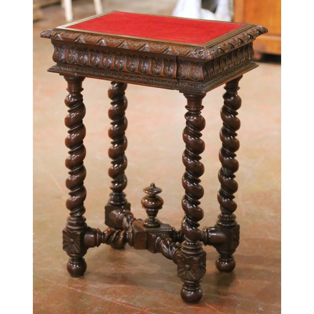 19th Century French Louis XIII Carved Walnut Side Table With Velvet Top For Sale In Dallas - Image 6 of 15