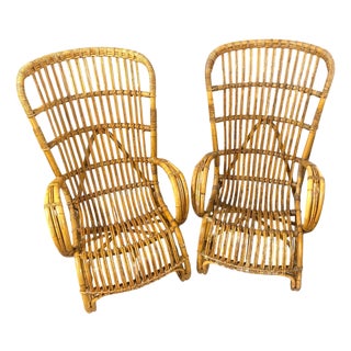 Pair of Italian Mid-Century Rattan High-Back Lounge Chairs, Style Franco Albini For Sale