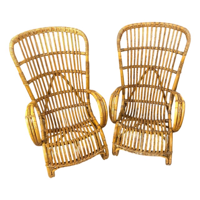 Pair of Italian Mid-Century Rattan High-Back Lounge Chairs, Style Franco Albini For Sale