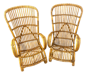 Pair of Italian Mid-Century Rattan High-Back Lounge Chairs, Style Franco Albini