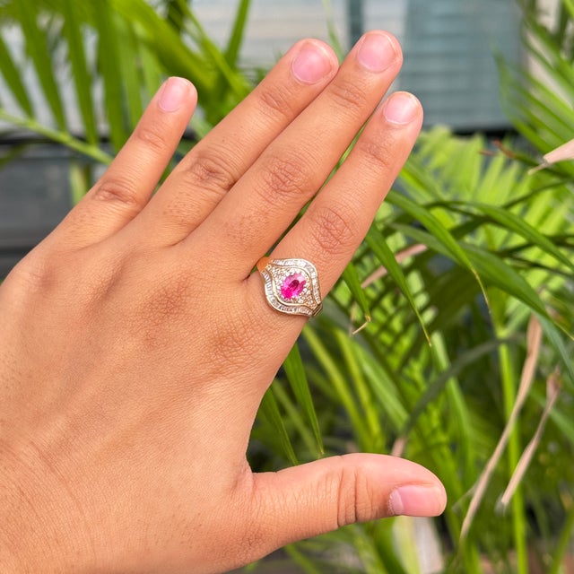 1 Carat Oval Ruby & Cluster Diamond Art Deco Statement Ring Size 5 in 14k Gold For Sale - Image 12 of 17