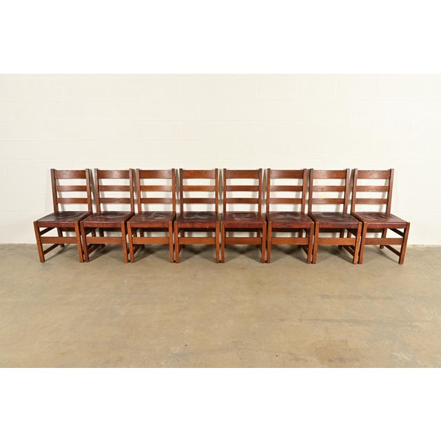 An exceptional set of eight antique Mission or Arts & Crafts period ladder back dining chairs By L. & J.G. Stickley USA,...
