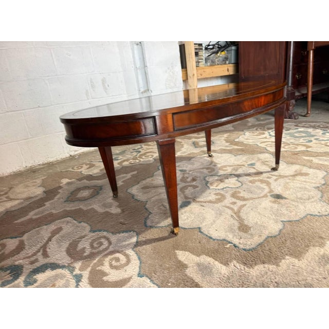 Vintage Regency Style Oval Leather Top Flame Mahogany Coffee Table on Casters. By Weiman. For Sale In Washington DC - Image 6 of 11