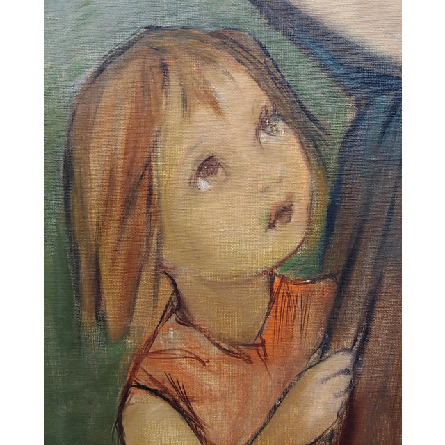 Wood French Mother With Her Two Kids Oil Painting by Pierre Le Faguays For Sale - Image 7 of 11