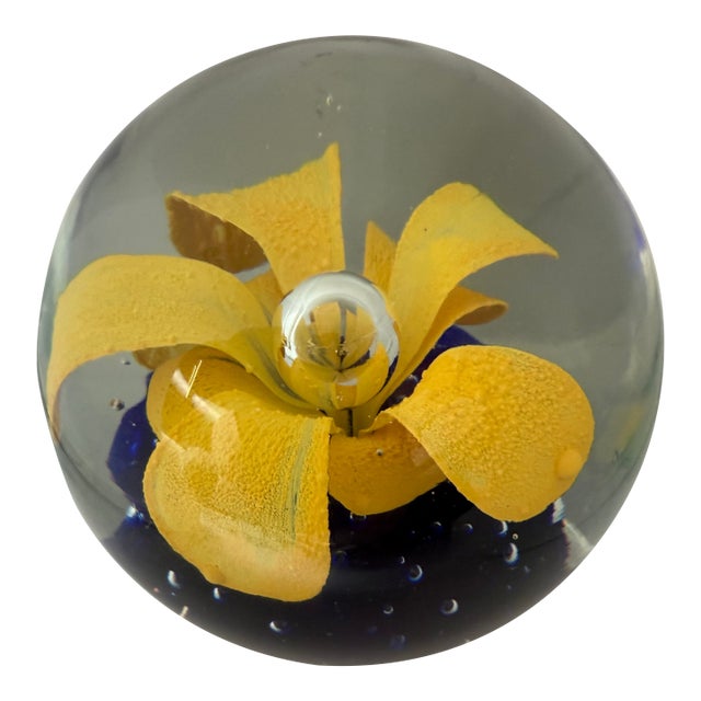 1960s Murano Style Yellow Lily Infused Hand Blown Paperweight For Sale