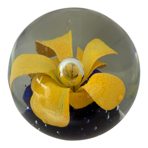 1960s Murano Style Yellow Lily Infused Hand Blown Paperweight