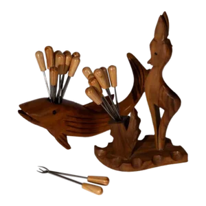 Vintage Hand Carved Wooden Appetizer Set- 2 Pieces With 20 Picks