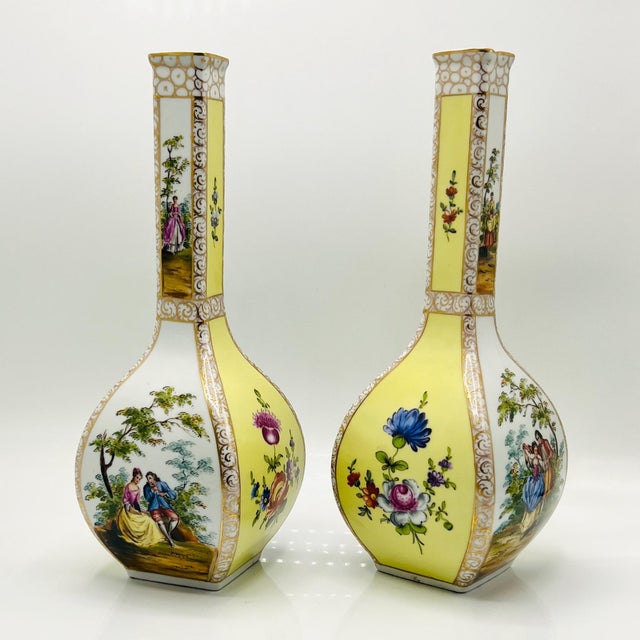 Large 19th Century Hand-Painted Yellow Ground Watteau Porcelain Vases from Dresden, Set of 2 For Sale - Image 4 of 14