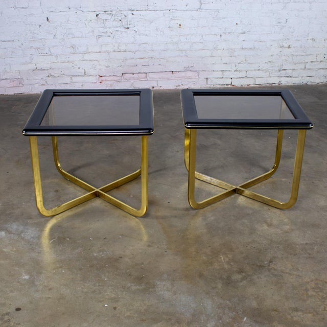 Late 20th Century Modern End or Side Tables 1 Rectangle & 1 Square W/Glass Inset Tops & Brass Plate Bases For Sale - Image 4 of 18