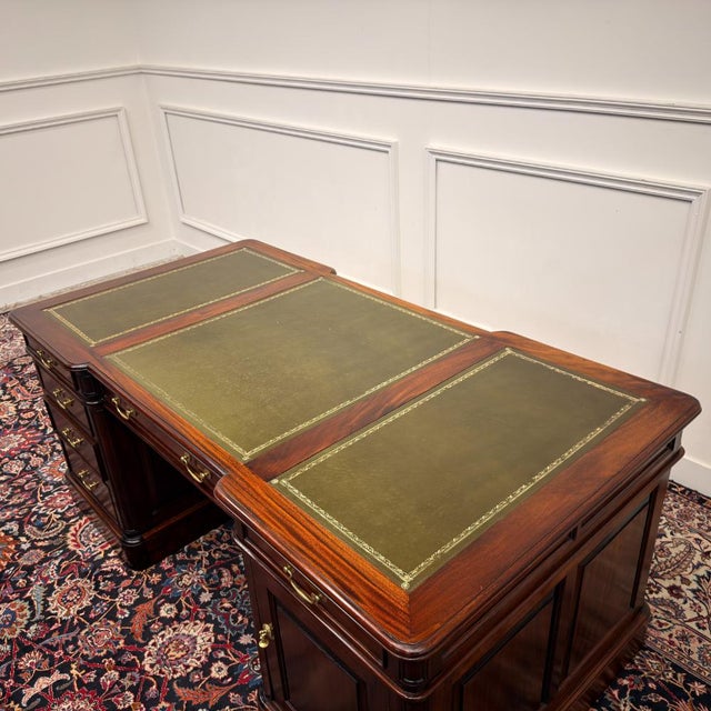 English Partner Desk with Green Leather Top For Sale - Image 17 of 18