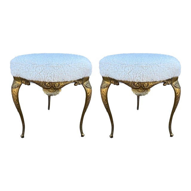 1950s Pair of Italian Chiavari Brass Ottomans For Sale
