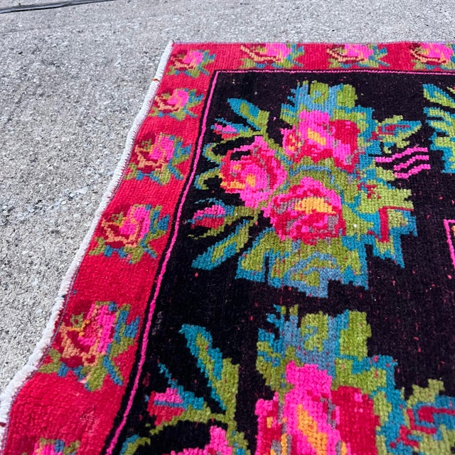 1930s Vintage Karabakh Rug Caucasian Handwoven Wool on Cotton Foundation pinkVibrant Floral Rug - 4’9x9’9 For Sale - Image 4 of 12