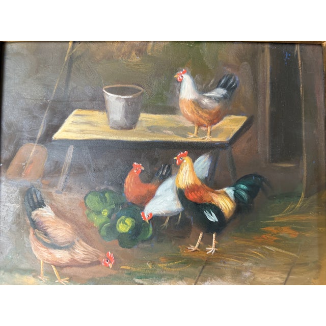 Vintage Rustic Chickens & Rooster Still Life Oil Painting on Plywood – Framed For Sale In Miami - Image 6 of 7