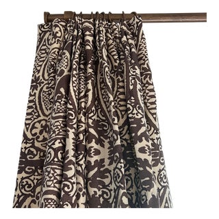 Chic Designer Quadrille Chocolate on Tint Hand Printed Veneto Linen Drapery Panels- Set of Four (Two Windows) For Sale