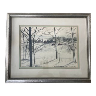 1940s Shirley Anderson Wpa Style Watercolor Painting Winter Scene For Sale