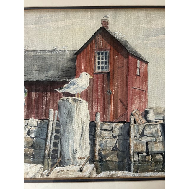 1970s Vintage Original Watercolor of Seagull on Dock Coastal Landscape For Sale - Image 5 of 9
