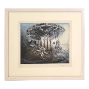 White Framed Signed Antique French Montmartre Carousel Night Mid-Century Modern
