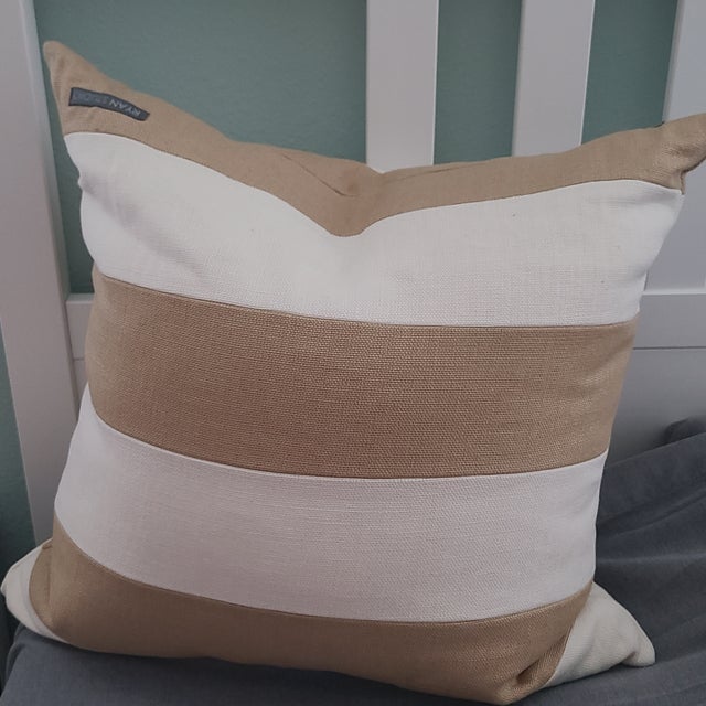 Contemporary Ryan Studio 22 X 22 Pillow Ivory Taupe Striped Linen Feather/Down Insert Usa For Sale - Image 3 of 5