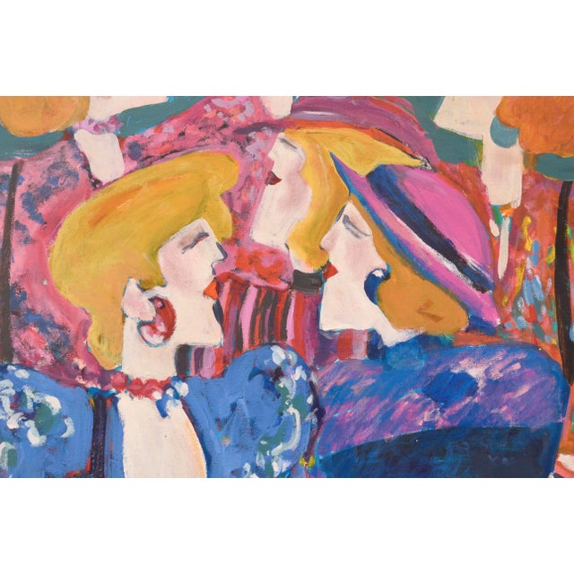 Bold and colorful modern figurative painting of six women dress in a 1980s style, by R. A. "Bobbie" Dixon (American, 20th...