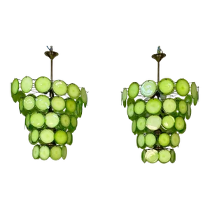 Pair of Murano Disc Mid-Century Modern Chandeliers, Antique Brass, New Wired