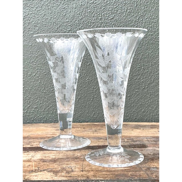 Vintage Etched Glass Trumpet Vases - A Pair For Sale - Image 10 of 12