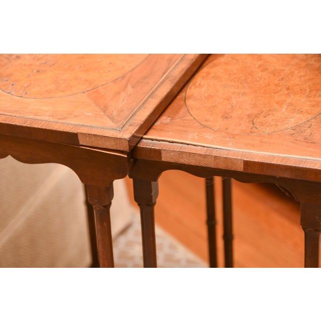 English Regency Revival Burl Wood & Inlaid Nesting Tables, Early 20th Century For Sale - Image 12 of 14