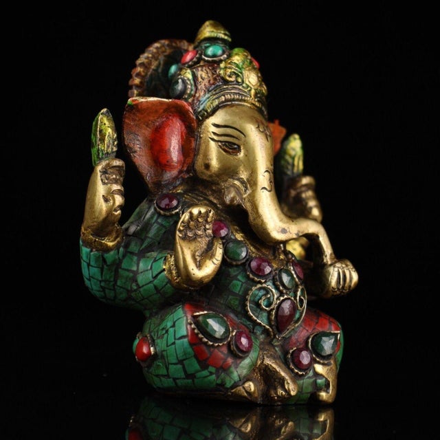 Art Deco Brass Inlaid Ganesha Statue With Coral and Turquoise For Sale - Image 3 of 8