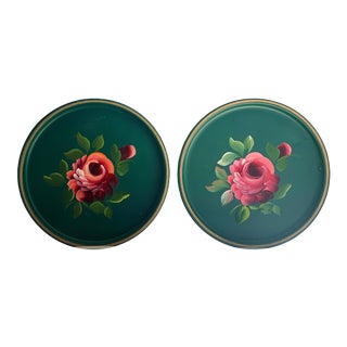 Mid 20th Century Hand-Painted Botanicals Tole Metal Trays - a Pair For Sale
