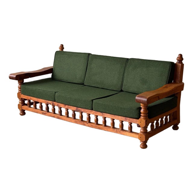 1970s Brutalist Carved Pine Sofa in Green Wool For Sale