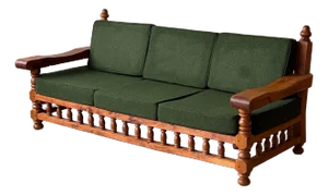 1970s Brutalist Carved Pine Sofa in Green Wool