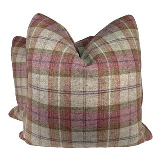 Wool Plaid in Pink/Green/Oatmeal 22" Pillows-a Pair For Sale