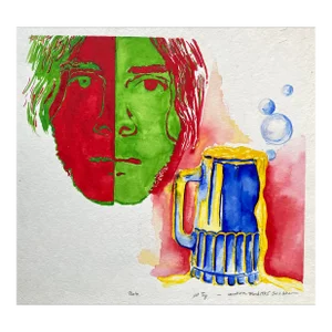 1975 Sue Cohen Modern Portrait of Bob and Beer Watercolor