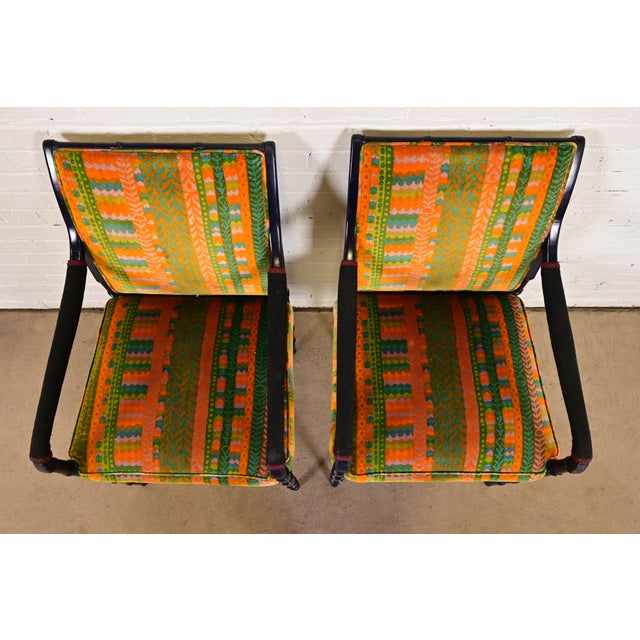 1970s Mid-Century Hollywood Regency Ebonized Faux Bamboo Armchairs With Jack Lenor Larsen Upholstery, Pair For Sale - Image 5 of 11