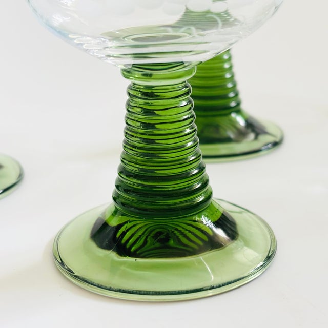 Etched German Roemer Coupe Wine Glasses With Green Stems - Set of 6 For Sale In San Francisco - Image 6 of 8