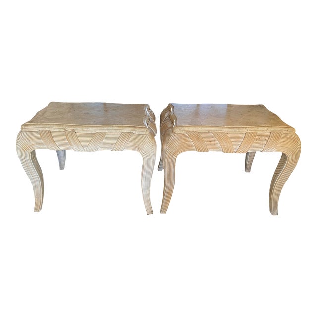 1970s Beveled Travertine and Washed Rattan Side Table Pair For Sale
