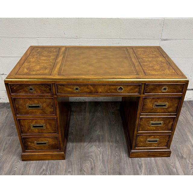 Late 20th Century Vintage Drexel Et Cetera Campaign Style Burl Wood Tooled Leather Executive Desk For Sale - Image 5 of 13